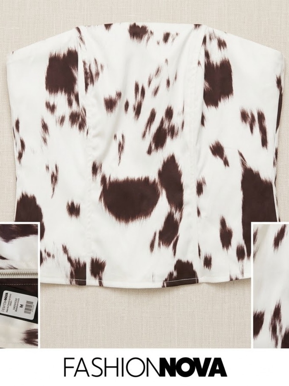 Fashion Nova White and Brown Cow Print Strapless Bustier